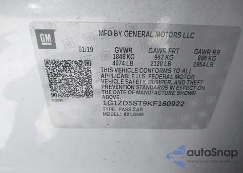 2019 Chevrolet Malibu Lt z USA, uszkodzony, nr VIN 1G1ZD5ST9KF160922
